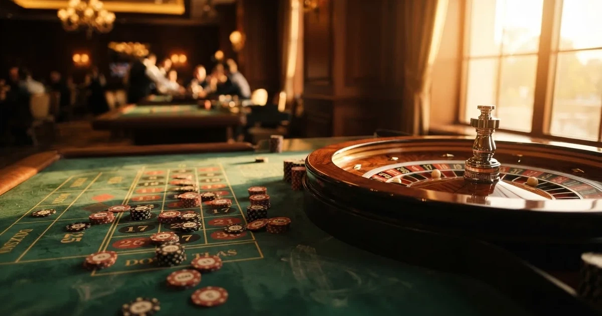 Roda de roleta e fichas sobre feltro verde, sob uma luz quente de fim de tarde — casinos com dinheiro em portugal
