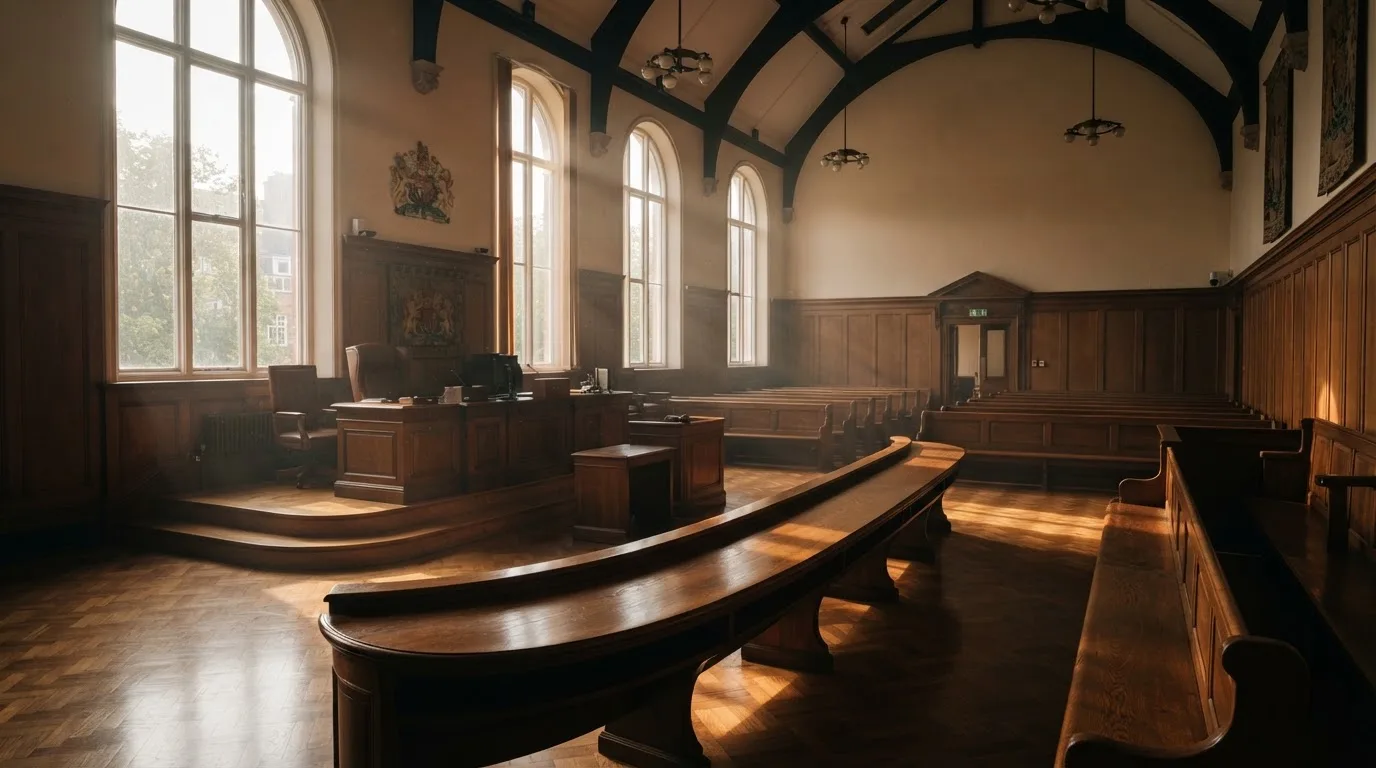 Sala de tribunal vazia com painéis de madeira, à luz da manhã — casinos com google pay em portugal