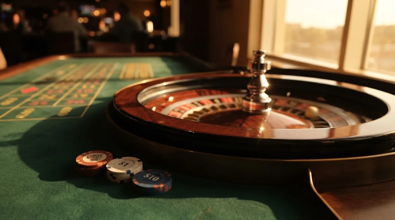 Roda de roleta e fichas sobre feltro verde, sob uma luz quente de fim de tarde — casinos com google pay em portugal