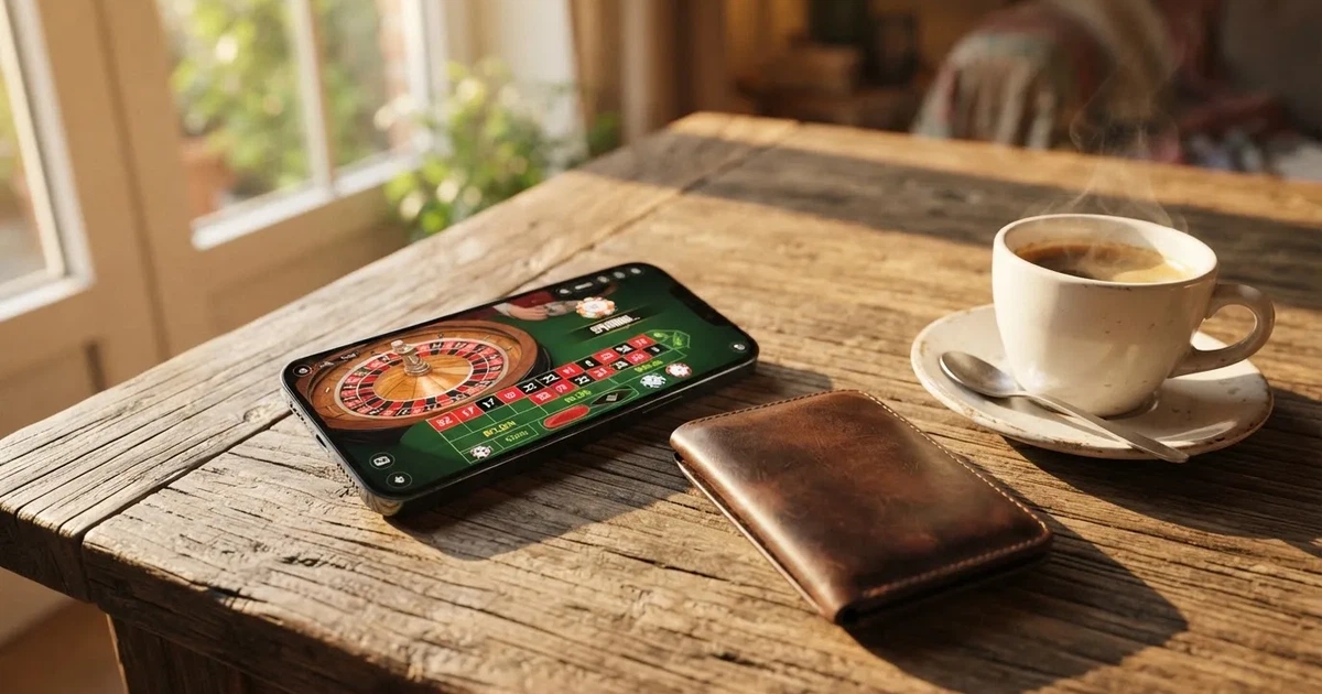 Telemóvel numa mesa de madeira ao lado de uma carteira e de uma chávena de café — casinos com google pay em portugal