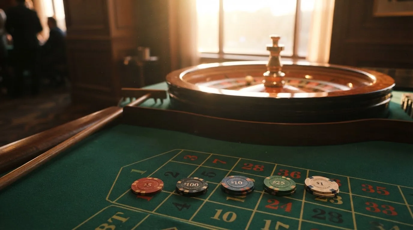 Roda de roleta e fichas sobre feltro verde, sob uma luz quente de fim de tarde — casinos com maestro em portugal