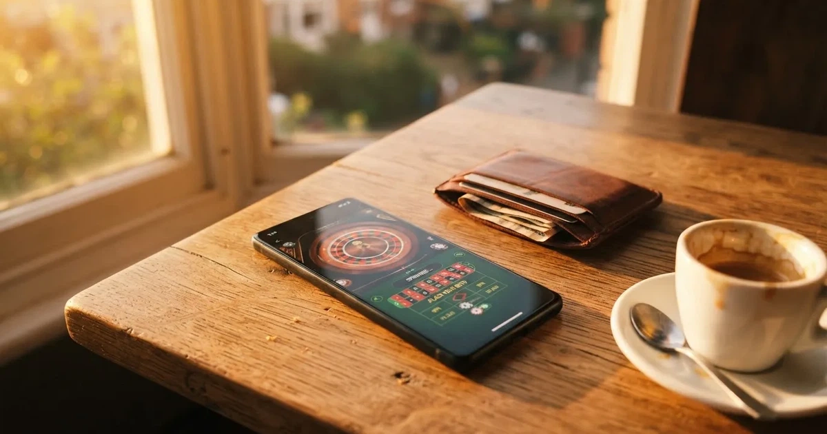Telemóvel numa mesa de madeira ao lado de uma carteira e de uma chávena de café — casinos com maestro em portugal