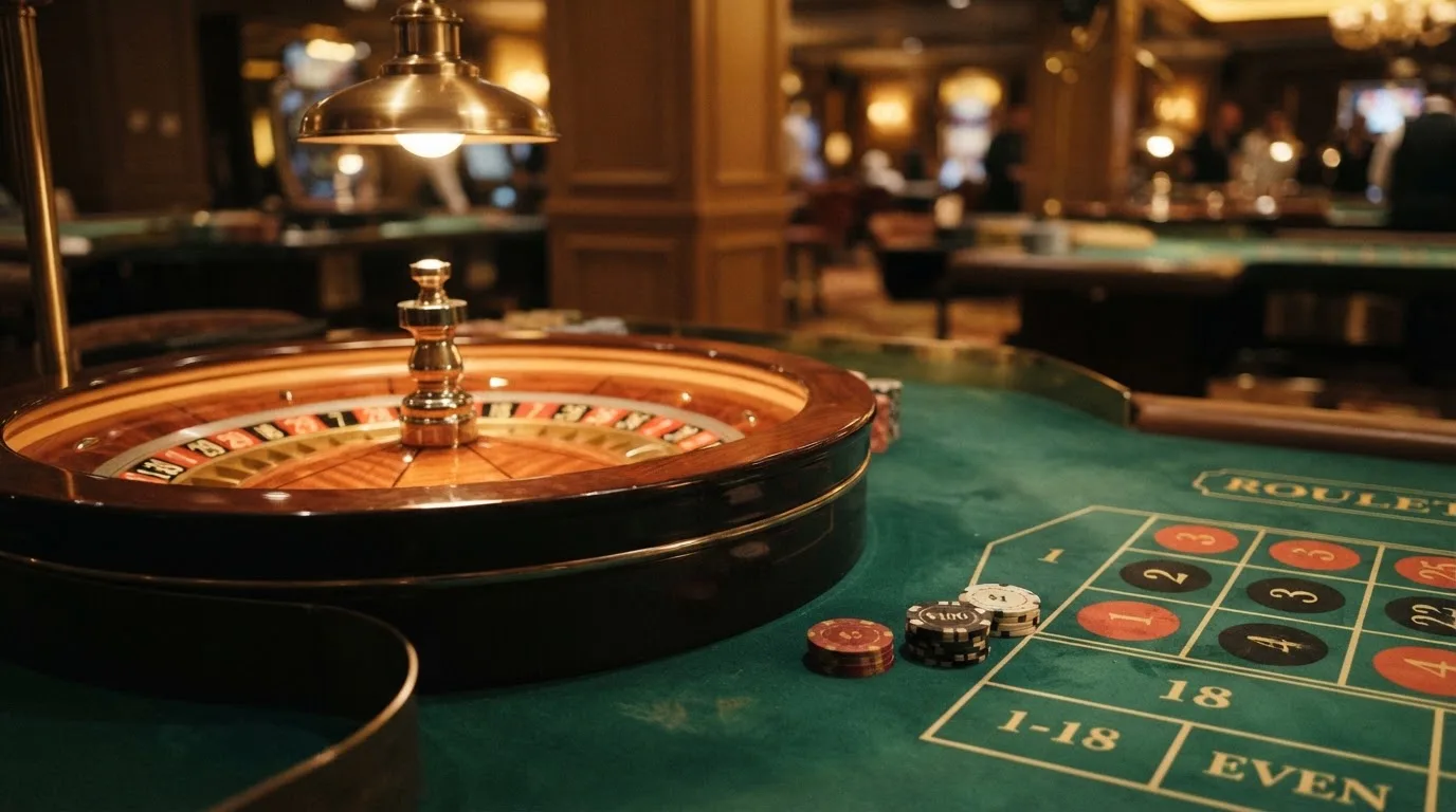 Roda de roleta e fichas sobre feltro verde, sob uma luz quente de fim de tarde — casinos com mastercard em portugal