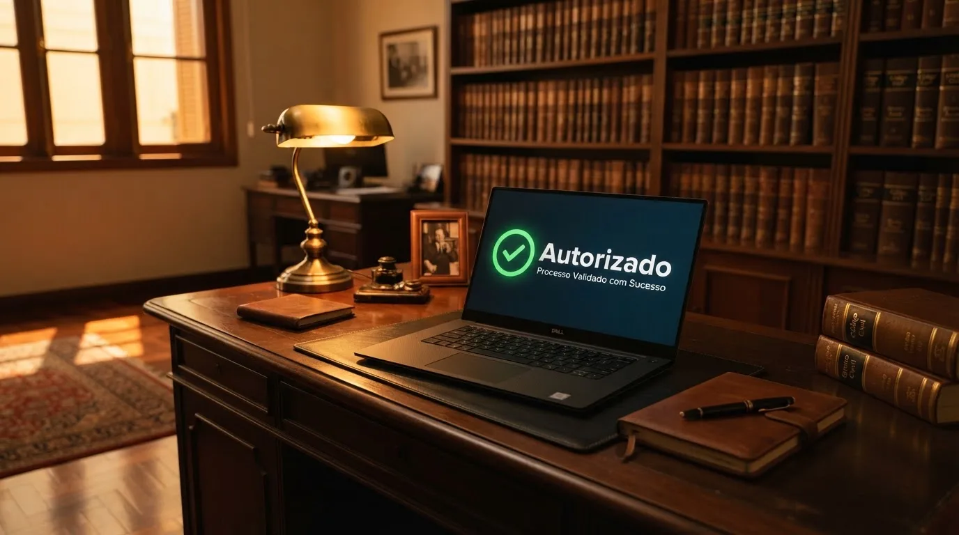 Escritório de advocacia com secretária de madeira, candeeiro de leitura e estantes de livros, sem pessoas, luz tranquila de fim de tarde.