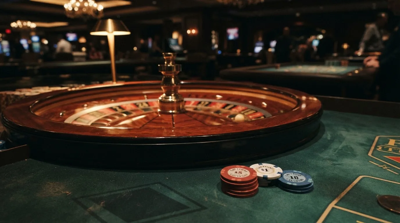 Roda de roleta e fichas sobre feltro verde, sob uma luz quente de fim de tarde — casinos com mifinity em portugal