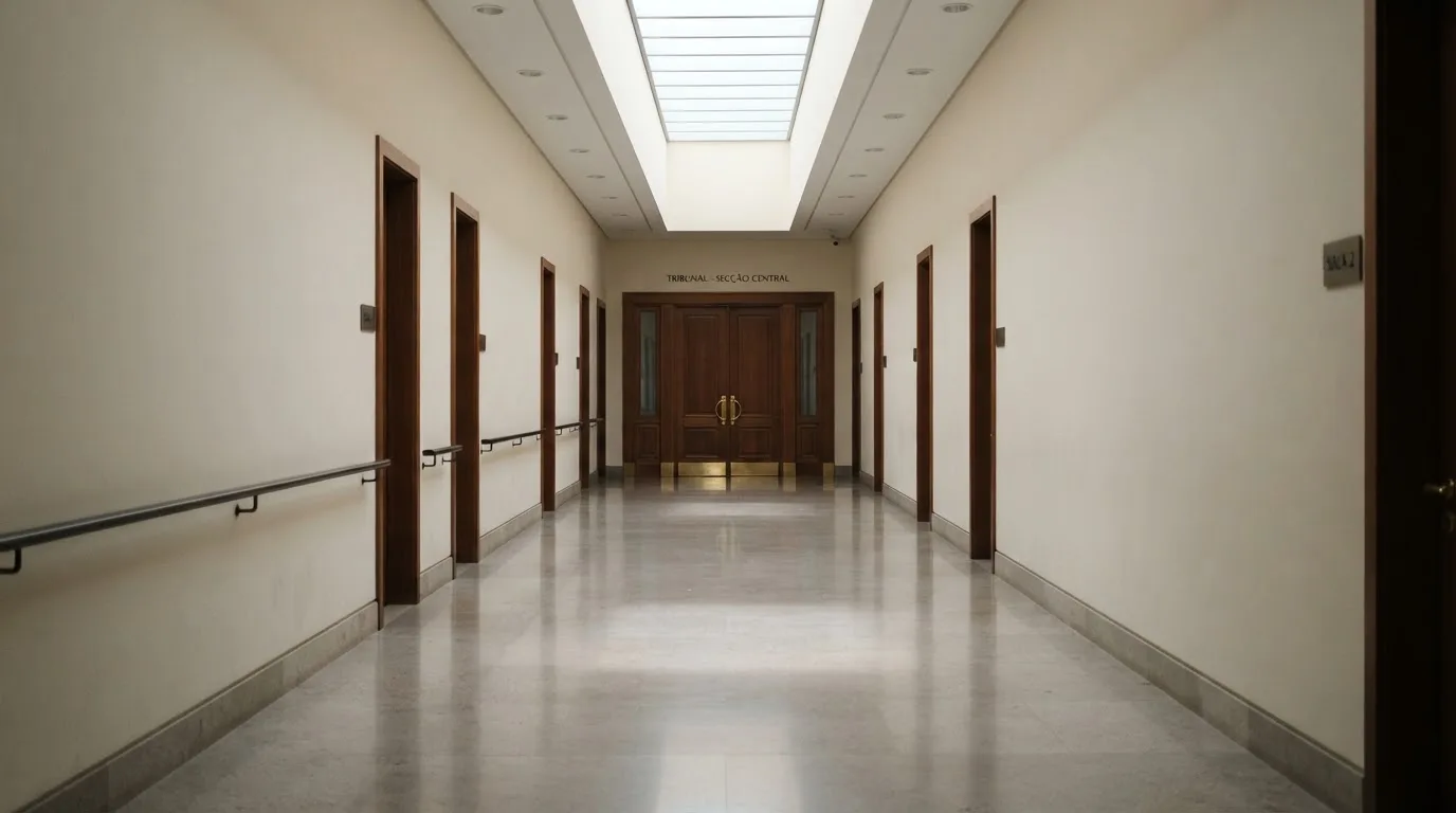 Corredor de um tribunal moderno com portas de madeira e pavimento polido, sem pessoas, luz natural vinda de uma claraboia.