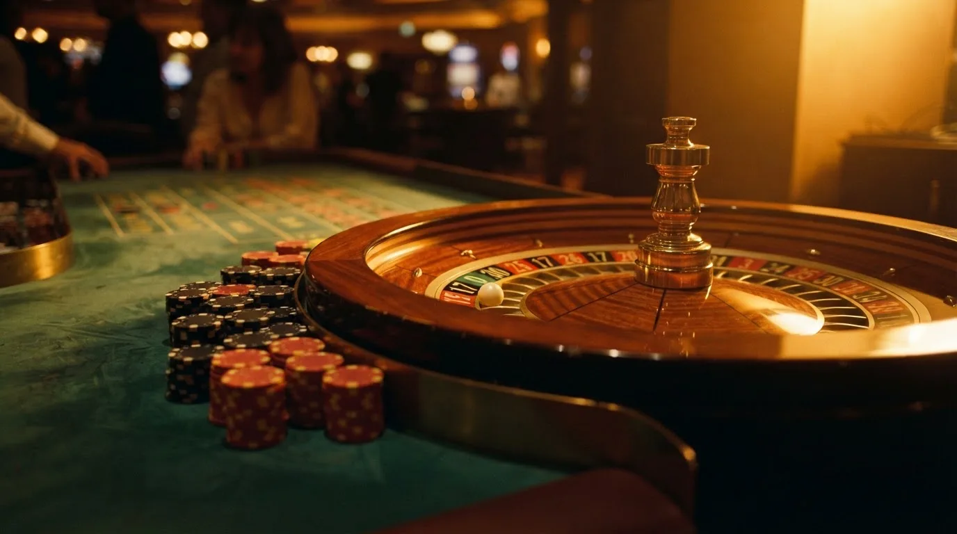 Roda de roleta e fichas sobre feltro verde, sob uma luz quente de fim de tarde — casinos com neteller em portugal