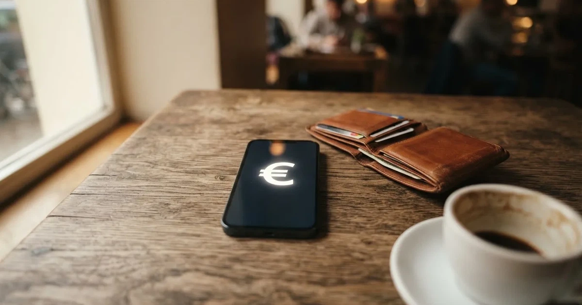 Telemóvel numa mesa de madeira ao lado de uma carteira e de uma chávena de café — casinos com neteller em portugal
