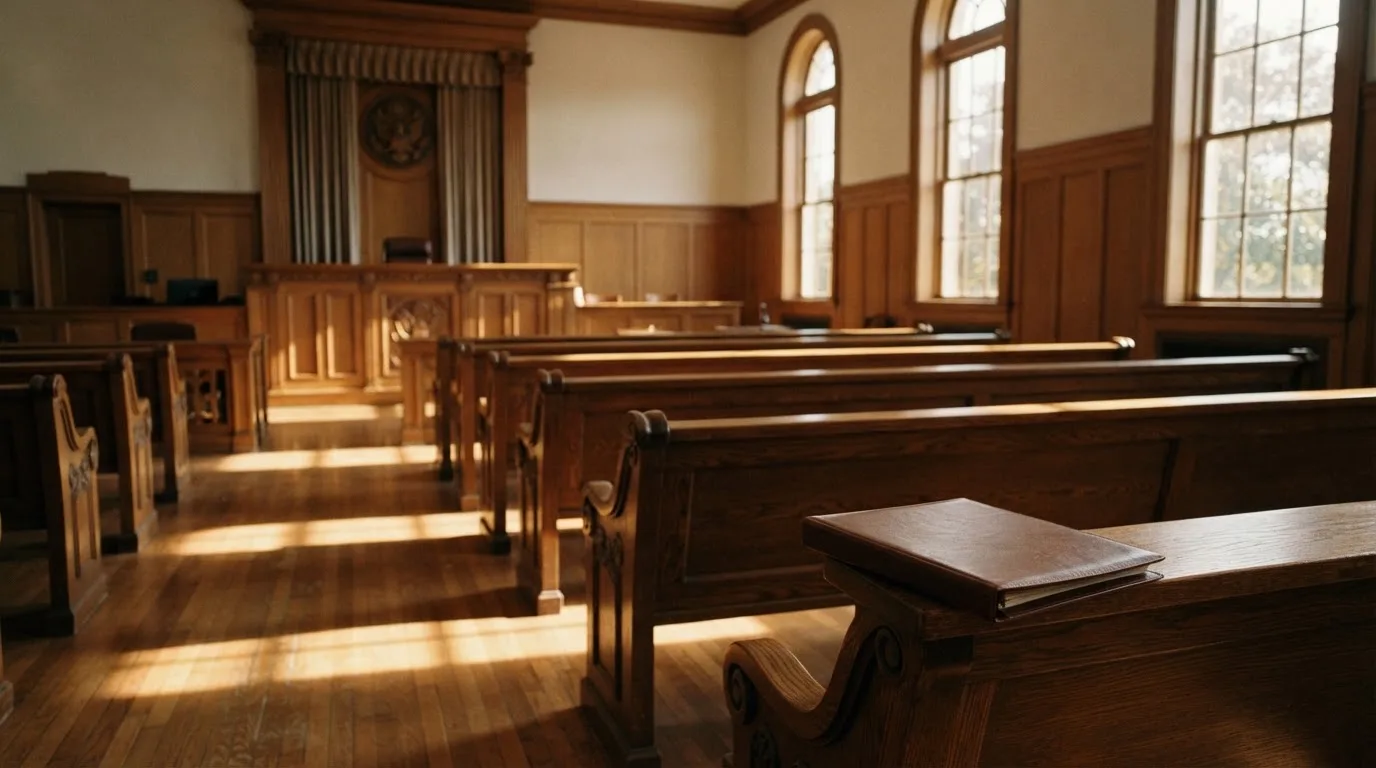 Sala de tribunal vazia com painéis de madeira, à luz da manhã — casinos com paypal em portugal