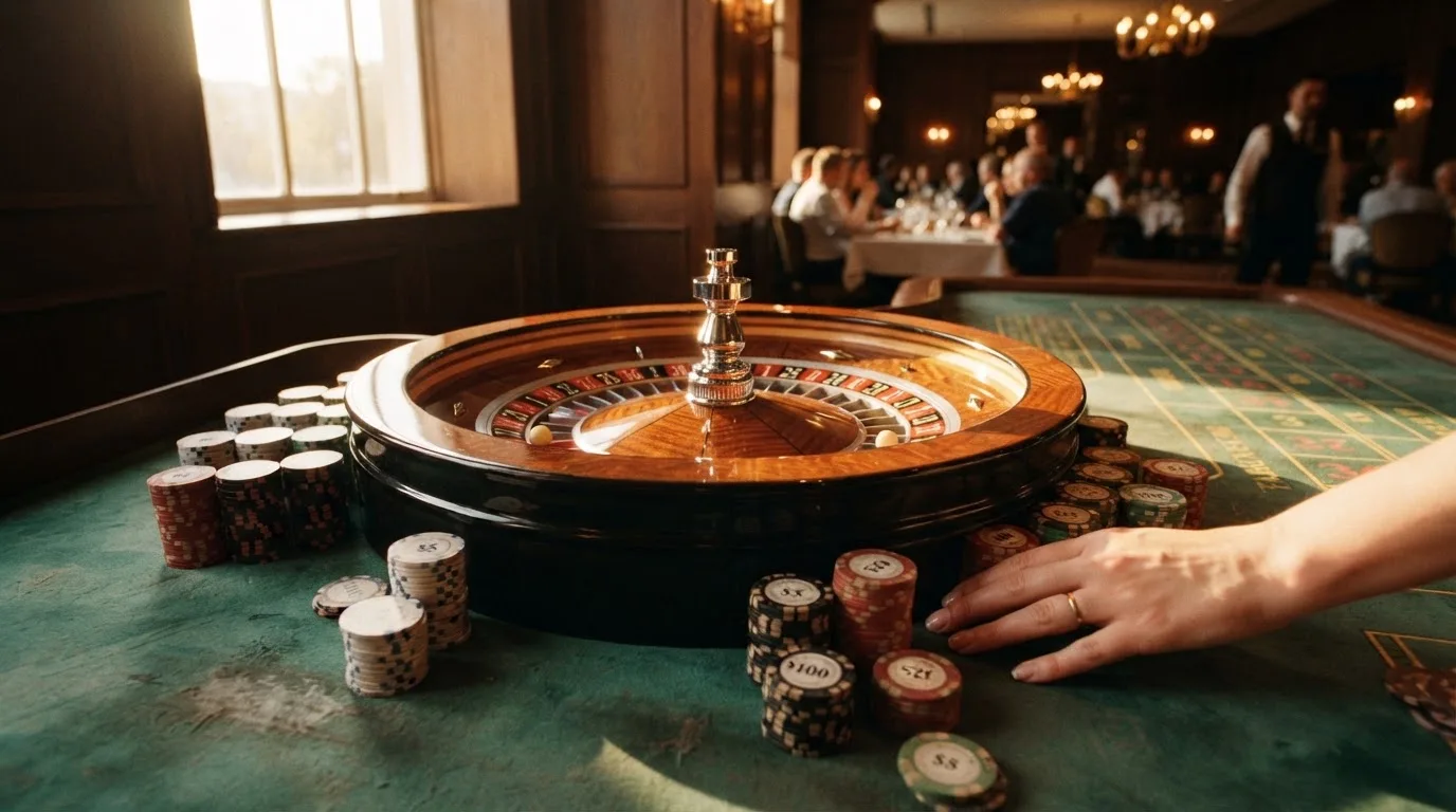 Roda de roleta e fichas sobre feltro verde, sob uma luz quente de fim de tarde — casinos com paypal em portugal