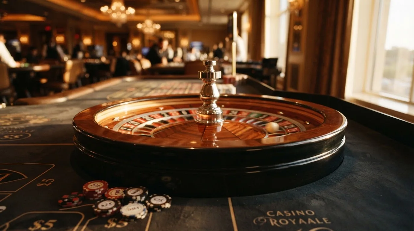 Roda de roleta e fichas sobre feltro verde, sob uma luz quente de fim de tarde — casinos com paysafecard em portugal