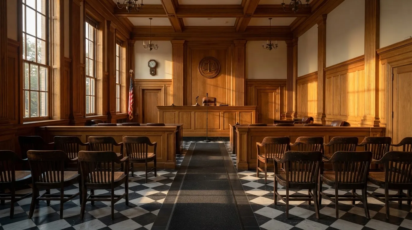 Sala de tribunal vazia com painéis de madeira, à luz da manhã — casinos com payu em portugal