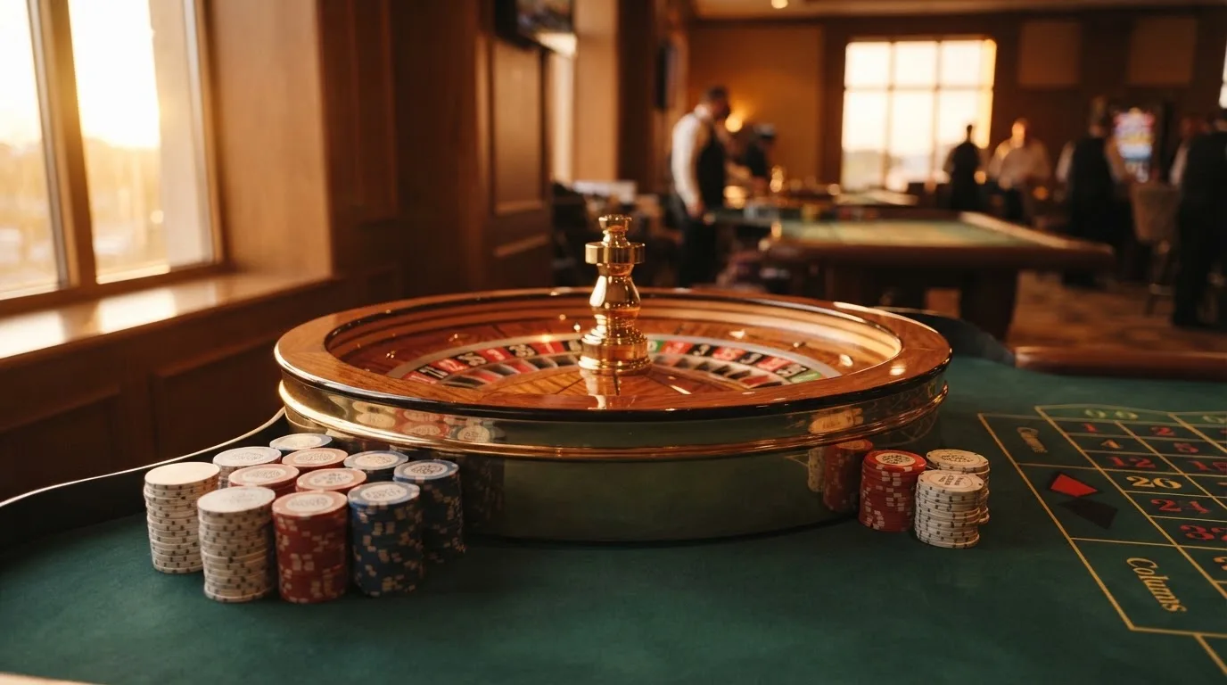 Roda de roleta e fichas sobre feltro verde, sob uma luz quente de fim de tarde — casinos com payu em portugal