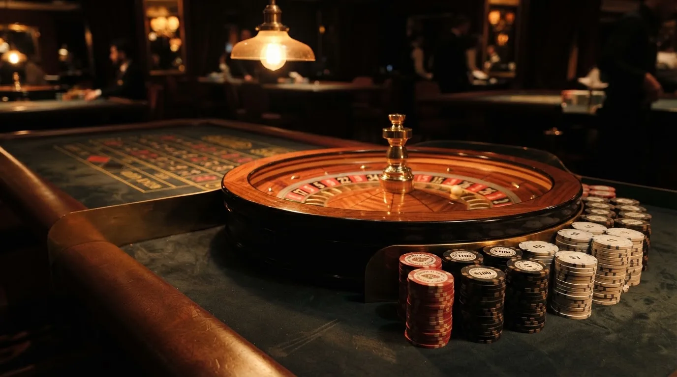 Roda de roleta e fichas sobre feltro verde, sob uma luz quente de fim de tarde — casinos com rodadas em portugal