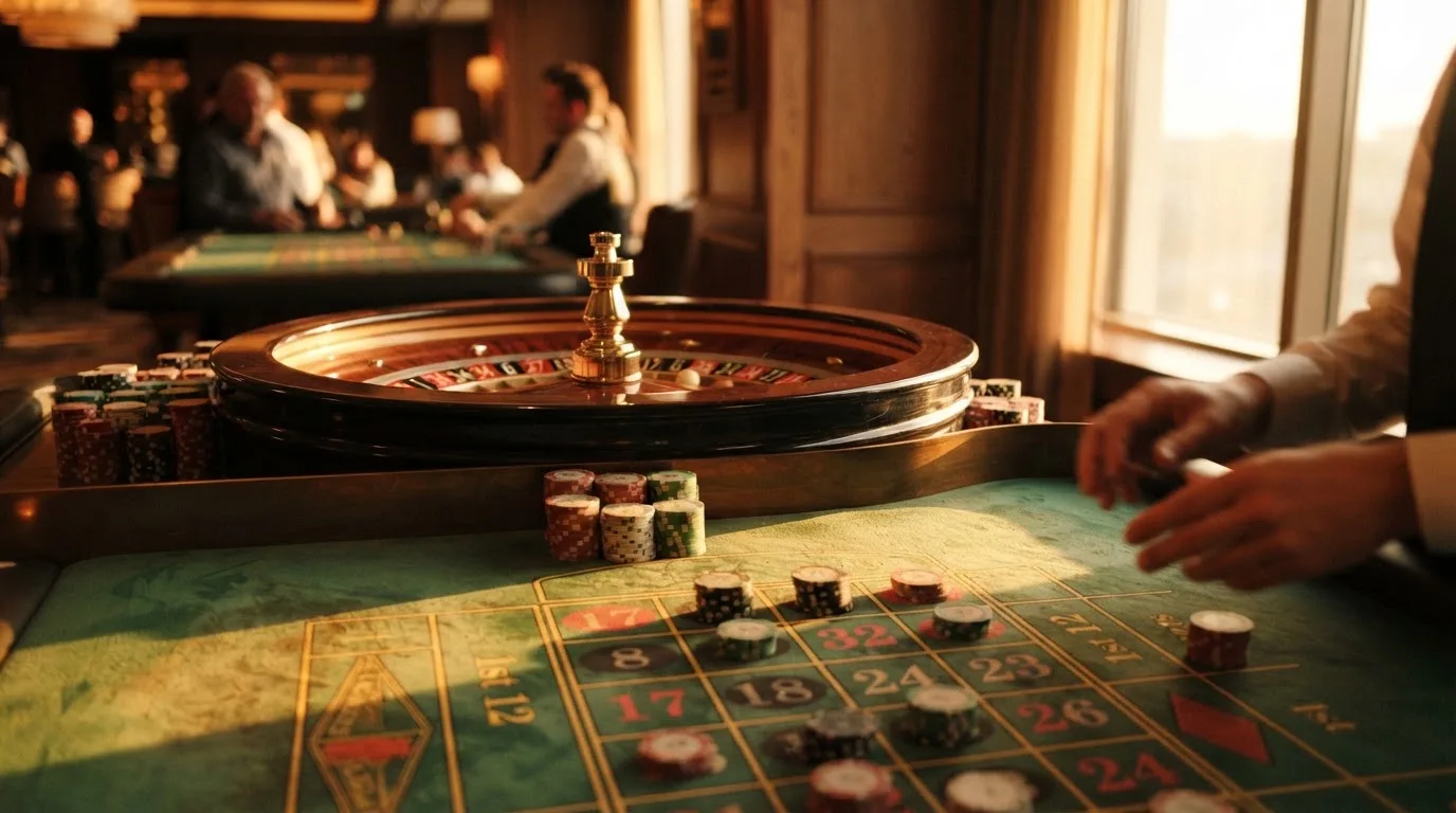 Roda de roleta e fichas sobre feltro verde, sob uma luz quente de fim de tarde — casinos com skrill em portugal