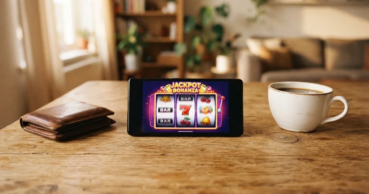 Telemóvel numa mesa de madeira ao lado de uma carteira e de uma chávena de café — casinos com skrill em portugal