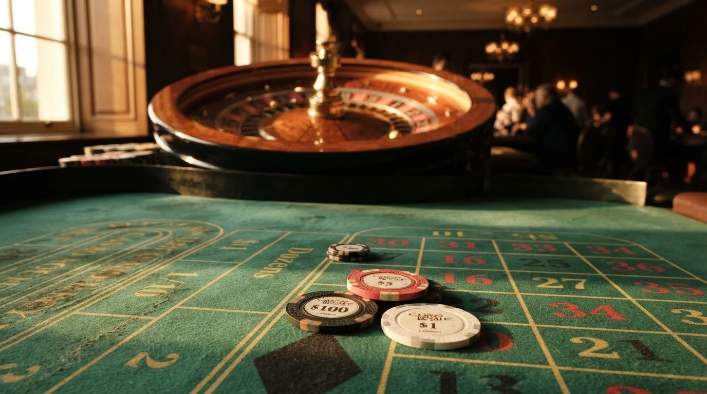 Roda de roleta e fichas sobre feltro verde, sob uma luz quente de fim de tarde — casinos com transferência bancária pt