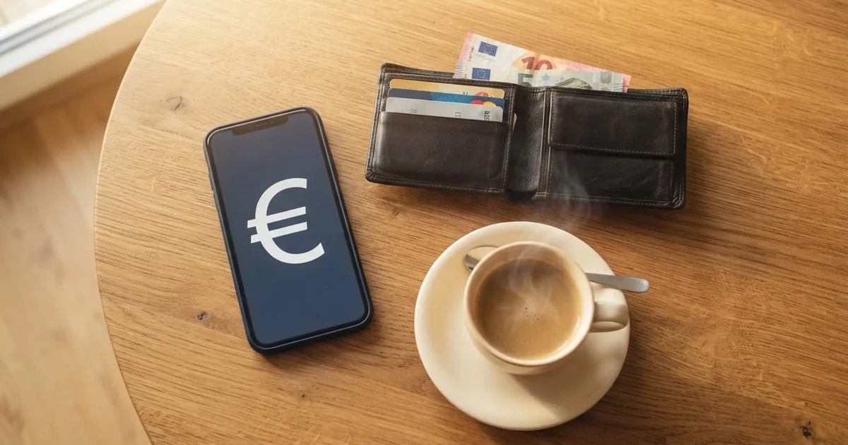 Telemóvel numa mesa de madeira ao lado de uma carteira e de uma chávena de café — casinos com transferência bancária pt