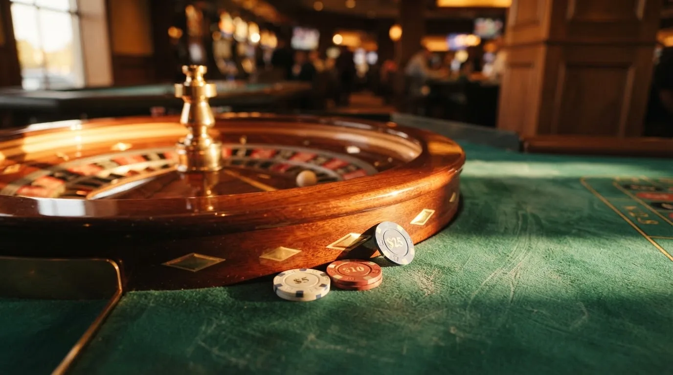 Roda de roleta e fichas sobre feltro verde, sob uma luz quente de fim de tarde — casinos com visa em portugal