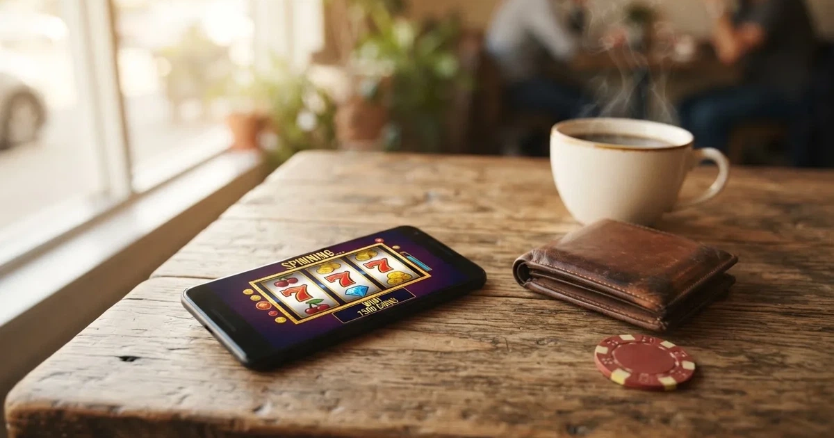 Telemóvel numa mesa de madeira ao lado de uma carteira e de uma chávena de café — casinos com visa em portugal