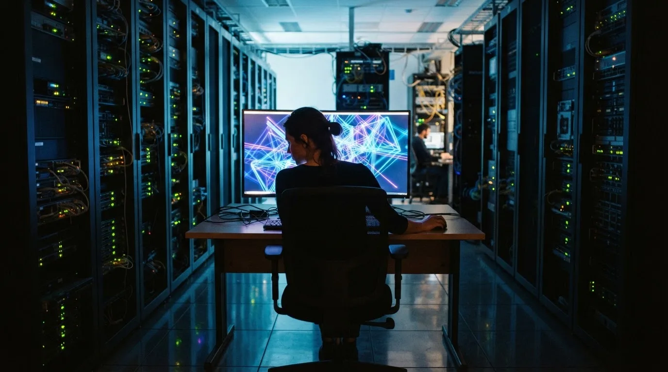 Mulher numa sala de computadores a observar um monitor com formas luminosas abstratas, ambiente de escritório moderno.