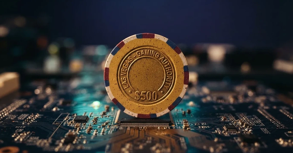 Moeda dourada física a flutuar sobre uma placa de circuitos eletrónicos, fundo azul-escuro desfocado, fotografia macro de estúdio.