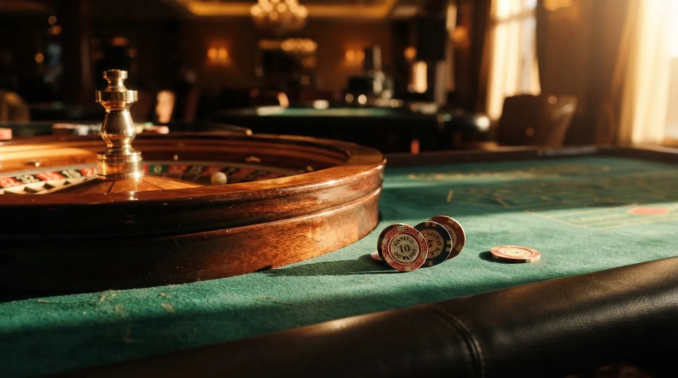 Roda de roleta e fichas sobre feltro verde, sob uma luz quente de fim de tarde — casinos grátis em portugal