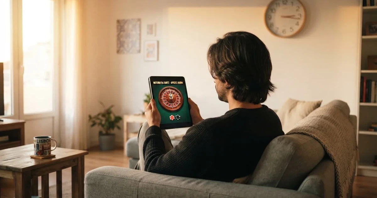 Pessoa num sofá a olhar pensativa para um tablet, com um relógio na parede atrás — casinos grátis em portugal