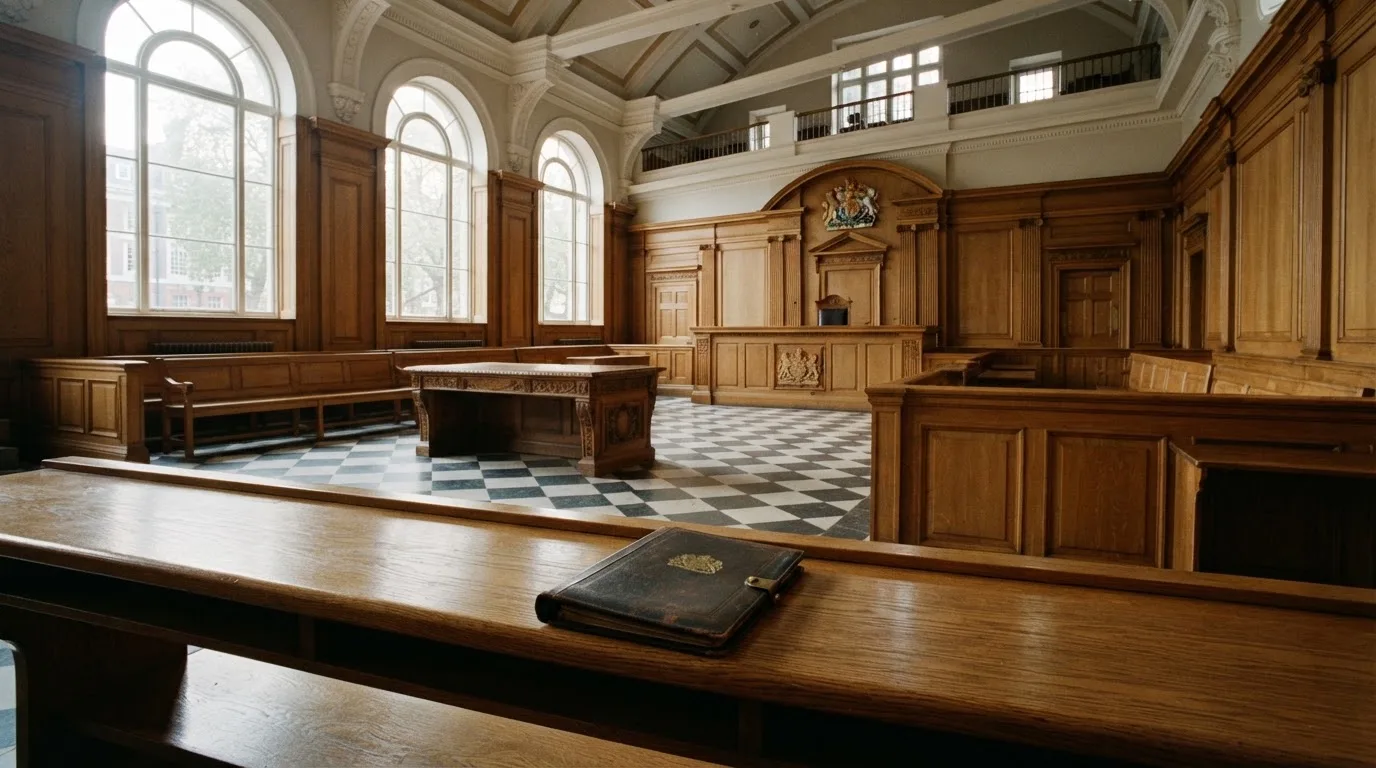 Sala de tribunal vazia com painéis de madeira, à luz da manhã — casinos legais em portugal