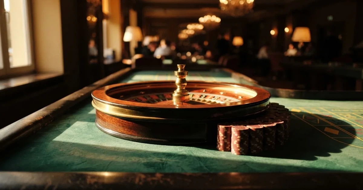 Roda de roleta e fichas sobre feltro verde, sob uma luz quente de fim de tarde — casinos legais em portugal