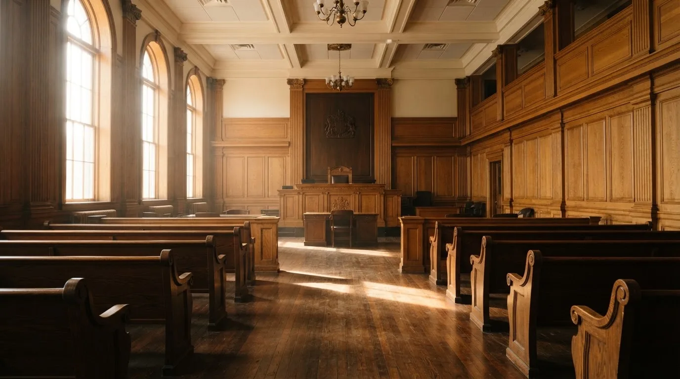 Sala de tribunal vazia com painéis de madeira, à luz da manhã — casinos online com depósito pt