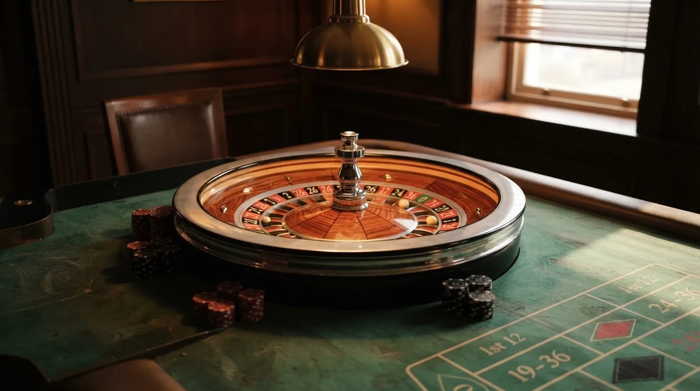 Roda de roleta e fichas sobre feltro verde, sob uma luz quente de fim de tarde — casinos online com depósito pt