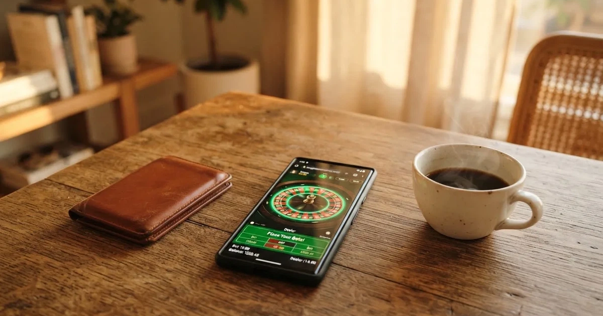 Telemóvel numa mesa de madeira ao lado de uma carteira e de uma chávena de café — casinos online com depósito pt