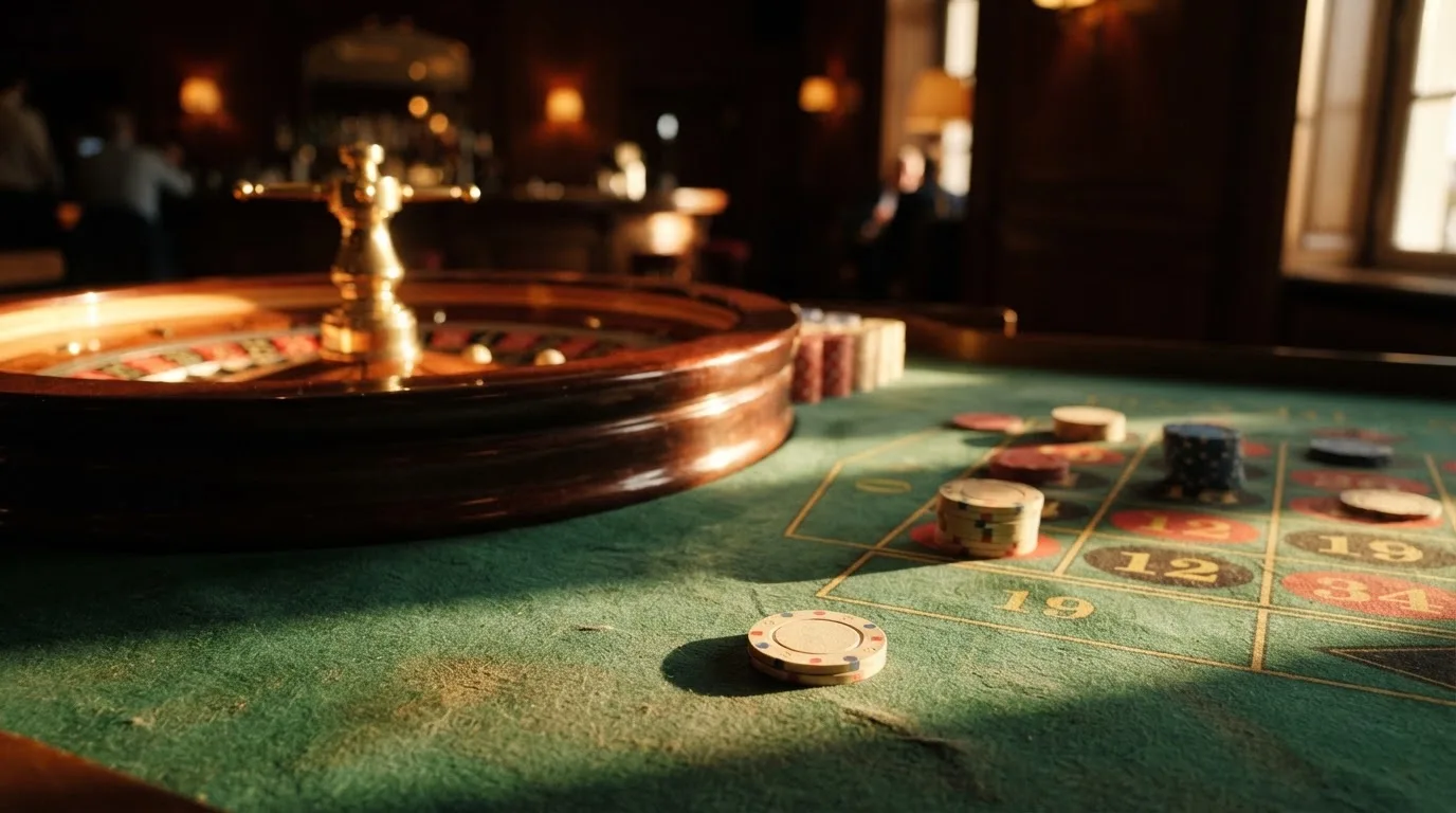 Roda de roleta e fichas sobre feltro verde, sob uma luz quente de fim de tarde — casinos online grátis em portugal