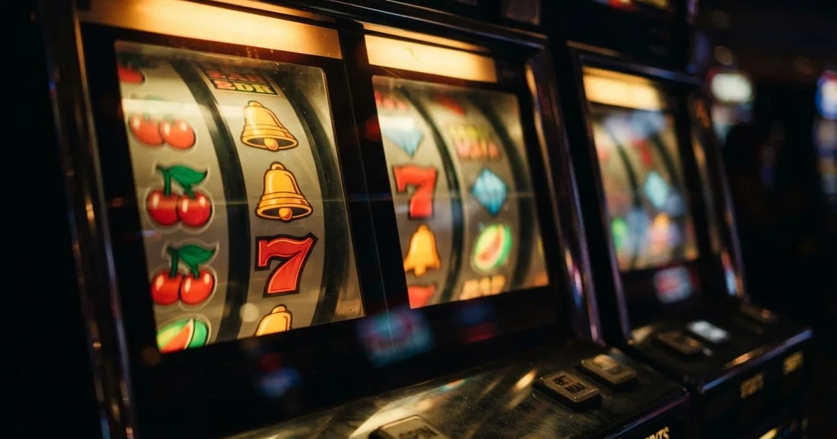 Rolos luminosos de uma slot machine numa sala escura, em grande plano — casinos online grátis em portugal