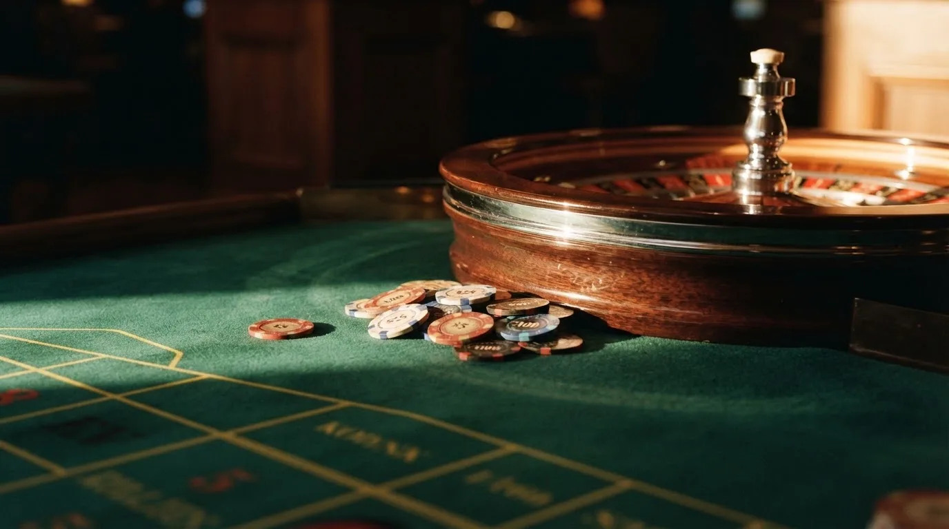 Roda de roleta e fichas sobre feltro verde, sob uma luz quente de fim de tarde — casinos online sem depósito pt