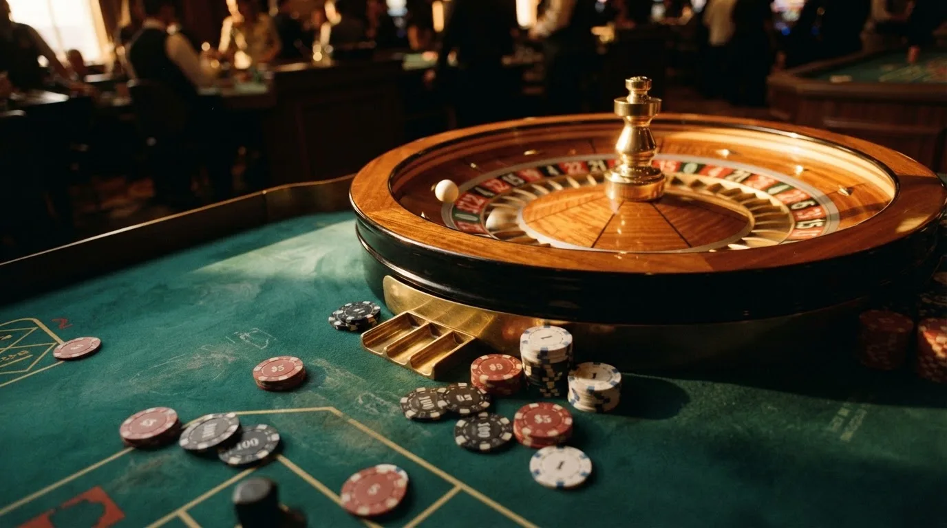 Roda de roleta e fichas sobre feltro verde, sob uma luz quente de fim de tarde — casinos para ganhar dinheiro pt