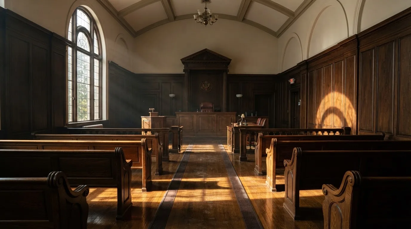 Sala de tribunal vazia com painéis de madeira, à luz da manhã — cassino com roleta em portugal