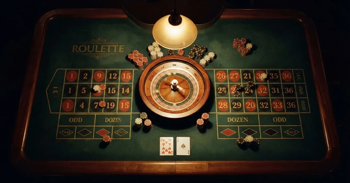 Mesa de jogo iluminada com cartas, vista de cima — cassino com roleta em portugal