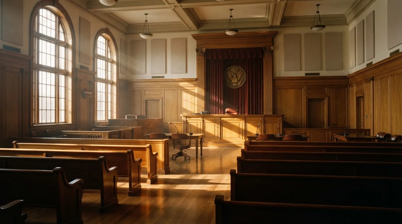 Sala de tribunal vazia com painéis de madeira, à luz da manhã — cassino grátis em portugal