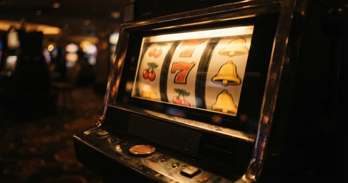 Rolos luminosos de uma slot machine numa sala escura, em grande plano — cassino grátis em portugal