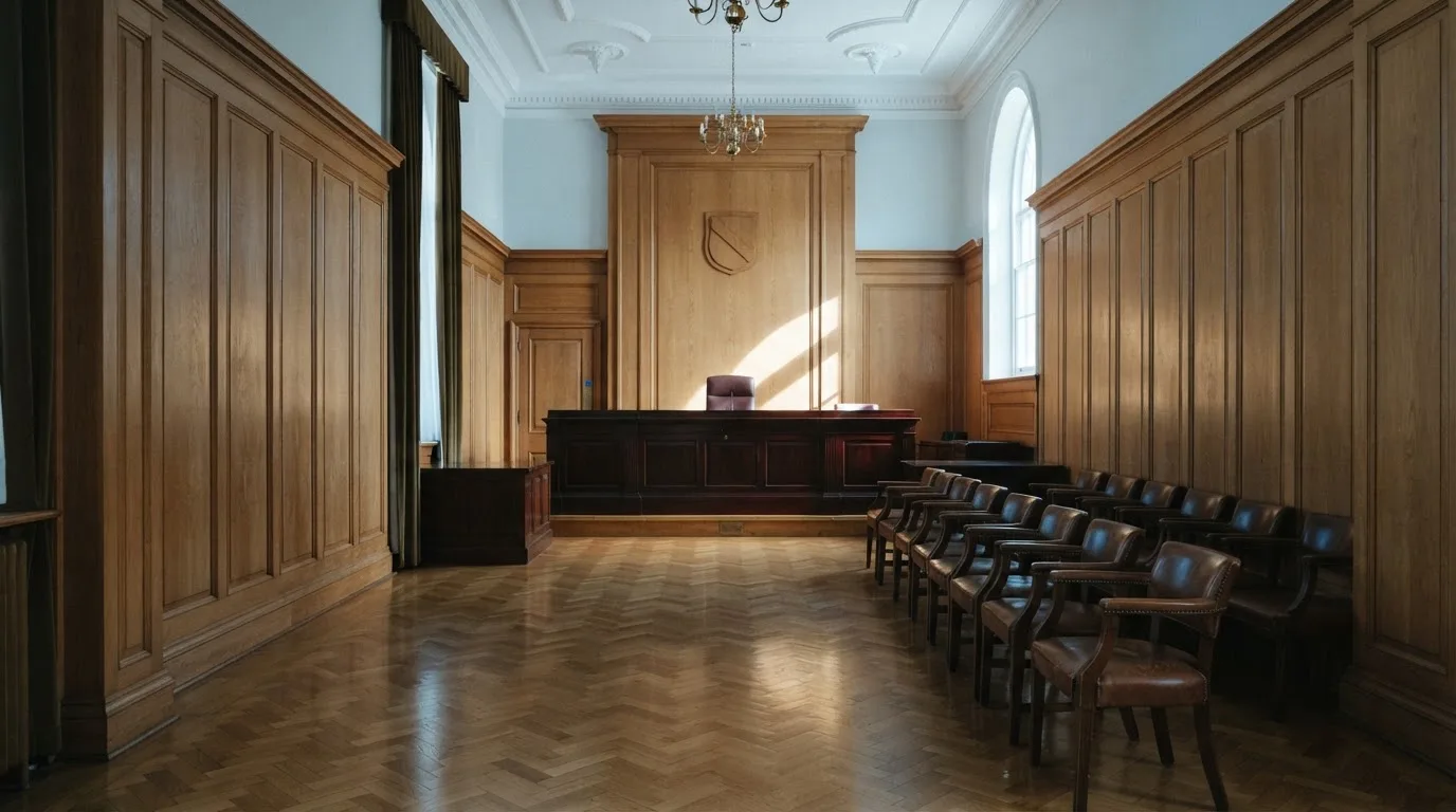 Sala de tribunal vazia com painéis de madeira, à luz da manhã — cassino sem depósito em portugal