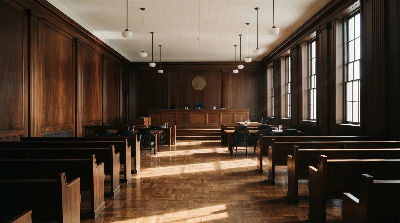 Sala de tribunal vazia com painéis de madeira, à luz da manhã — cassinos ao vivo em portugal