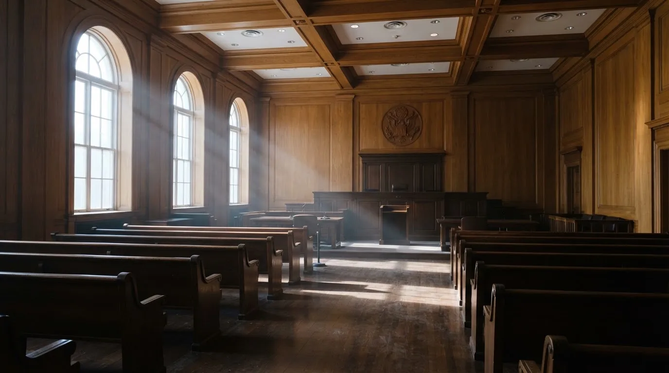 Sala de tribunal vazia com painéis de madeira, à luz da manhã — cassinos com bitcoin em portugal