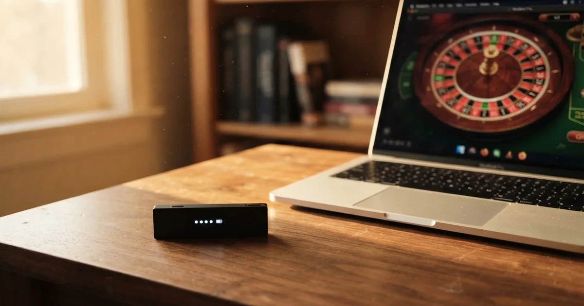 Carteira de hardware e computador portátil numa secretária, com luz suave — cassinos com bitcoin em portugal