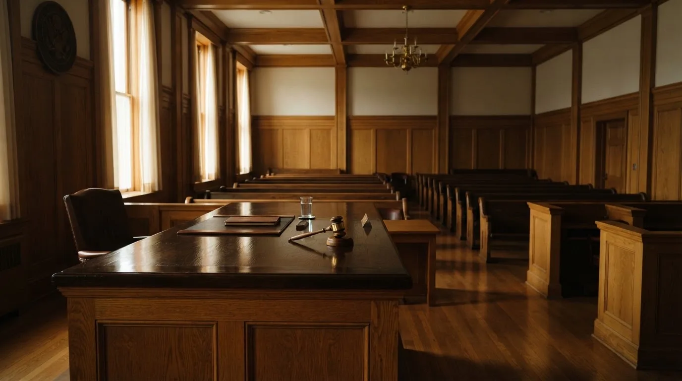Sala de tribunal vazia com painéis de madeira, à luz da manhã — cassinos sem kyc em portugal