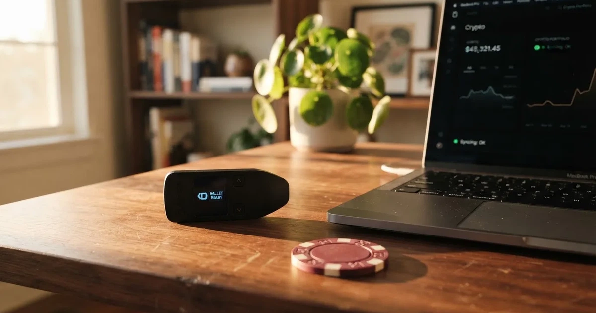 Carteira de hardware e computador portátil numa secretária, com luz suave — cassinos sem kyc em portugal
