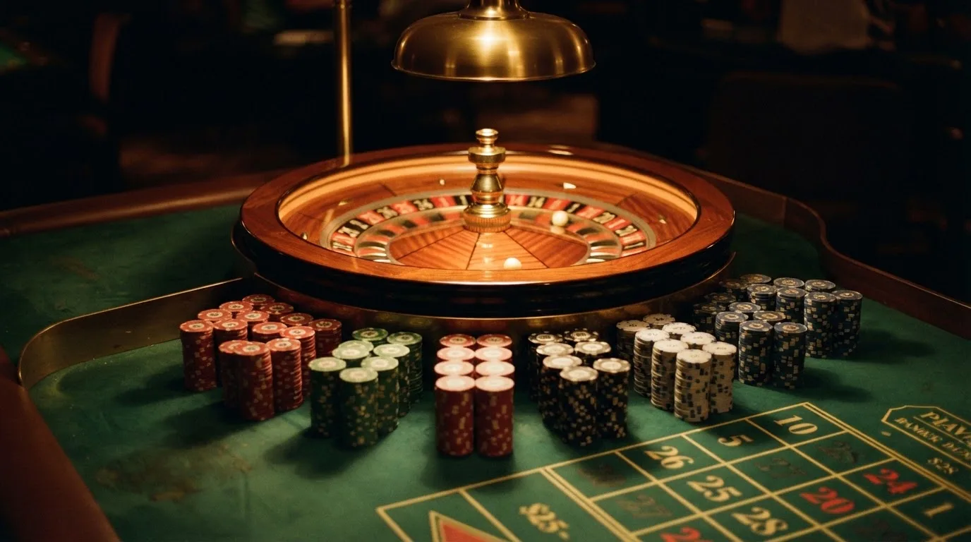 Roda de roleta e fichas sobre feltro verde, sob uma luz quente de fim de tarde — como jogar em casino pt