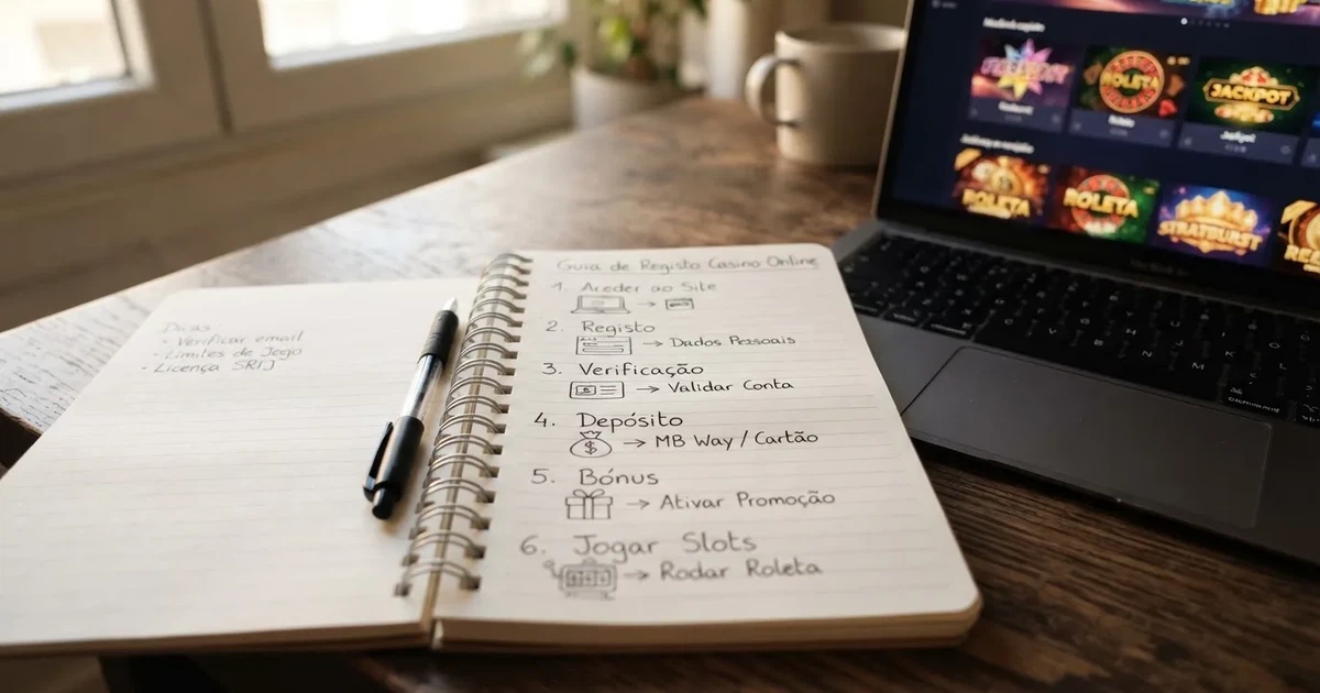 Caderno com um esboço passo a passo ao lado de um teclado — como jogar em casino pt