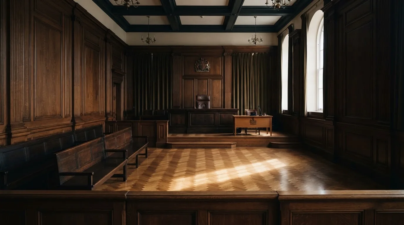 Sala de tribunal vazia com painéis de madeira, à luz da manhã — estoril casino em portugal